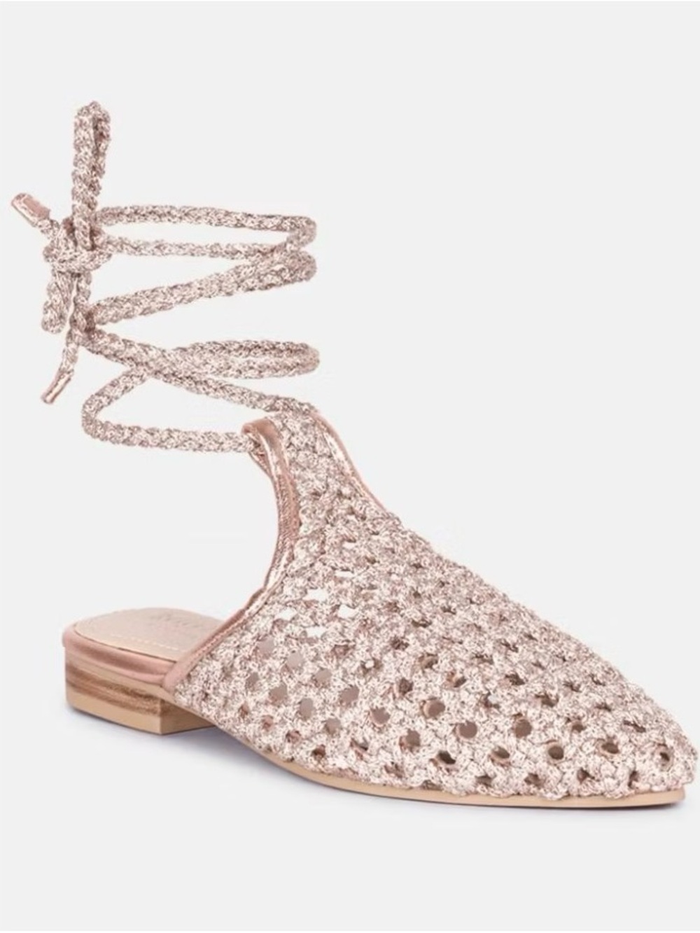 Woven Lace-Up Flat Mule in Rose Gold